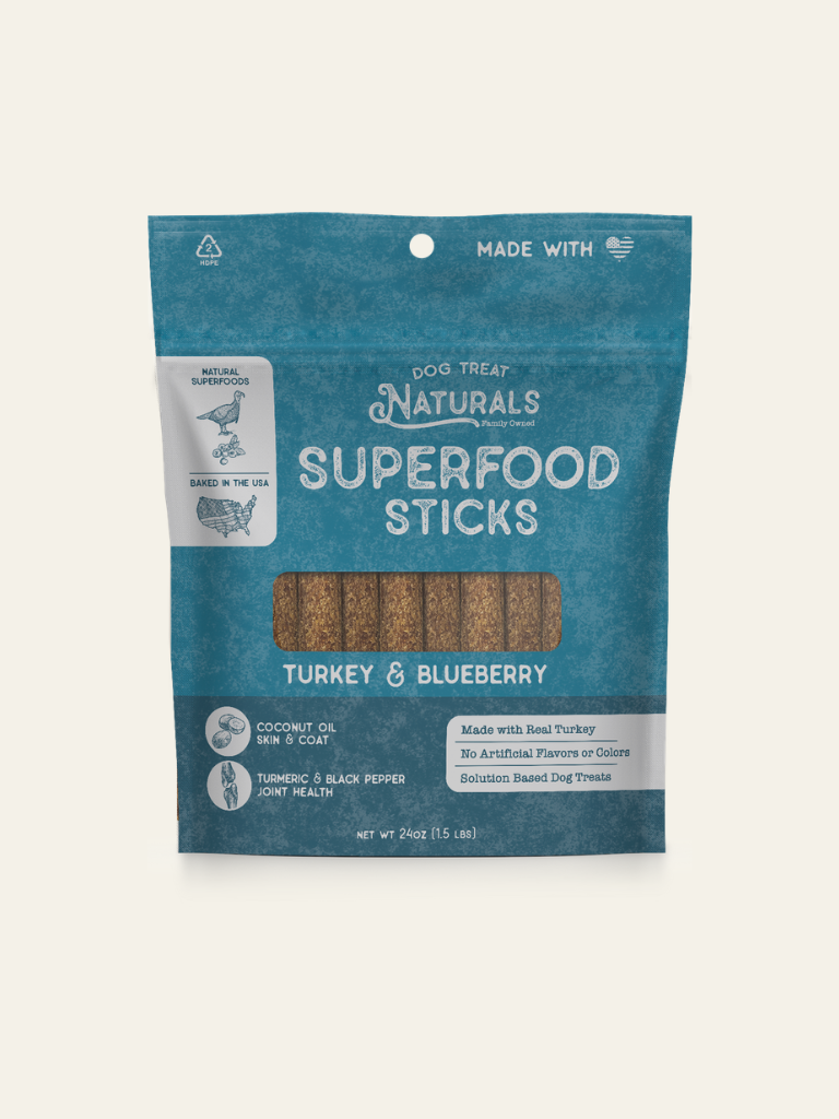 Front of the Turkey & Blueberry Superfood Sticks bag from Dog Treat Naturals