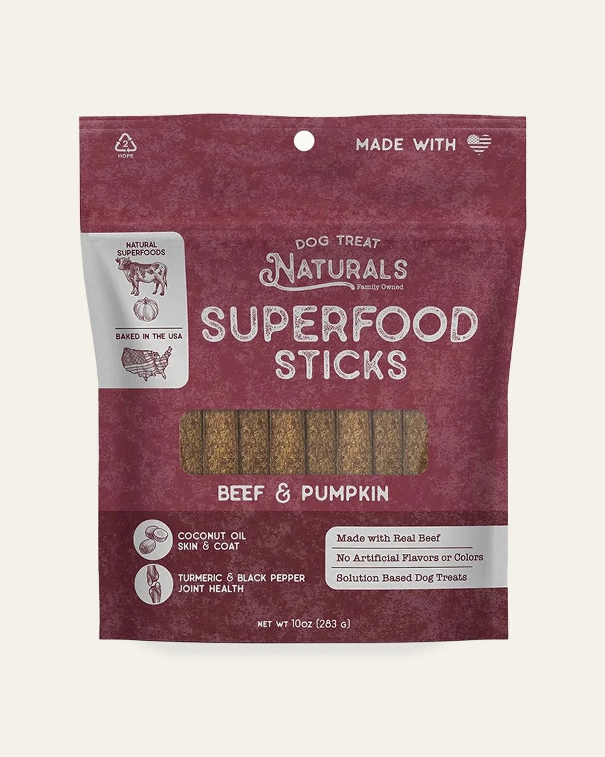 Front of the Beef & Pumpkin Superfood Sticks bag, our best seller