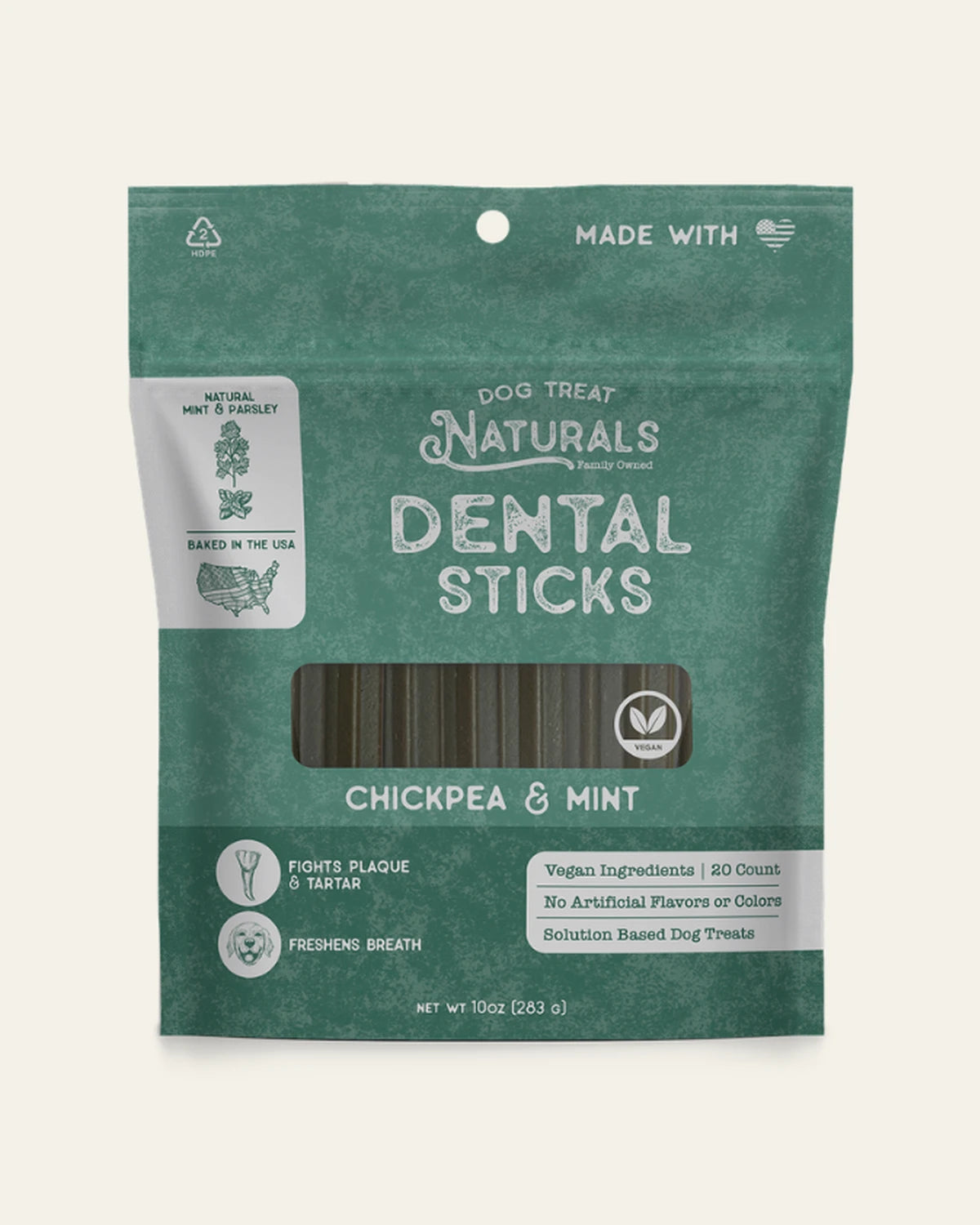Front of the Chickpea & Mint Dental Sticks bag from Dog Treat Naturals