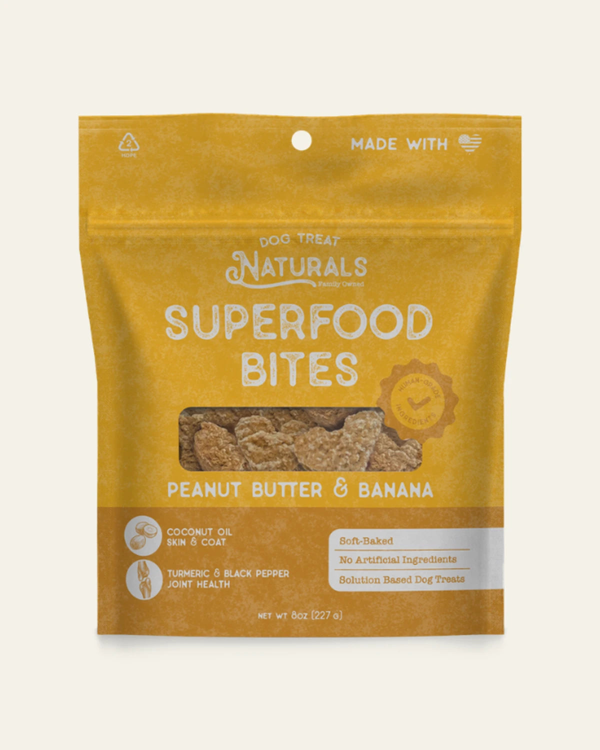 Front of the Peanut Butter & Banana Superfood Bites bag from Dog Treat Naturals