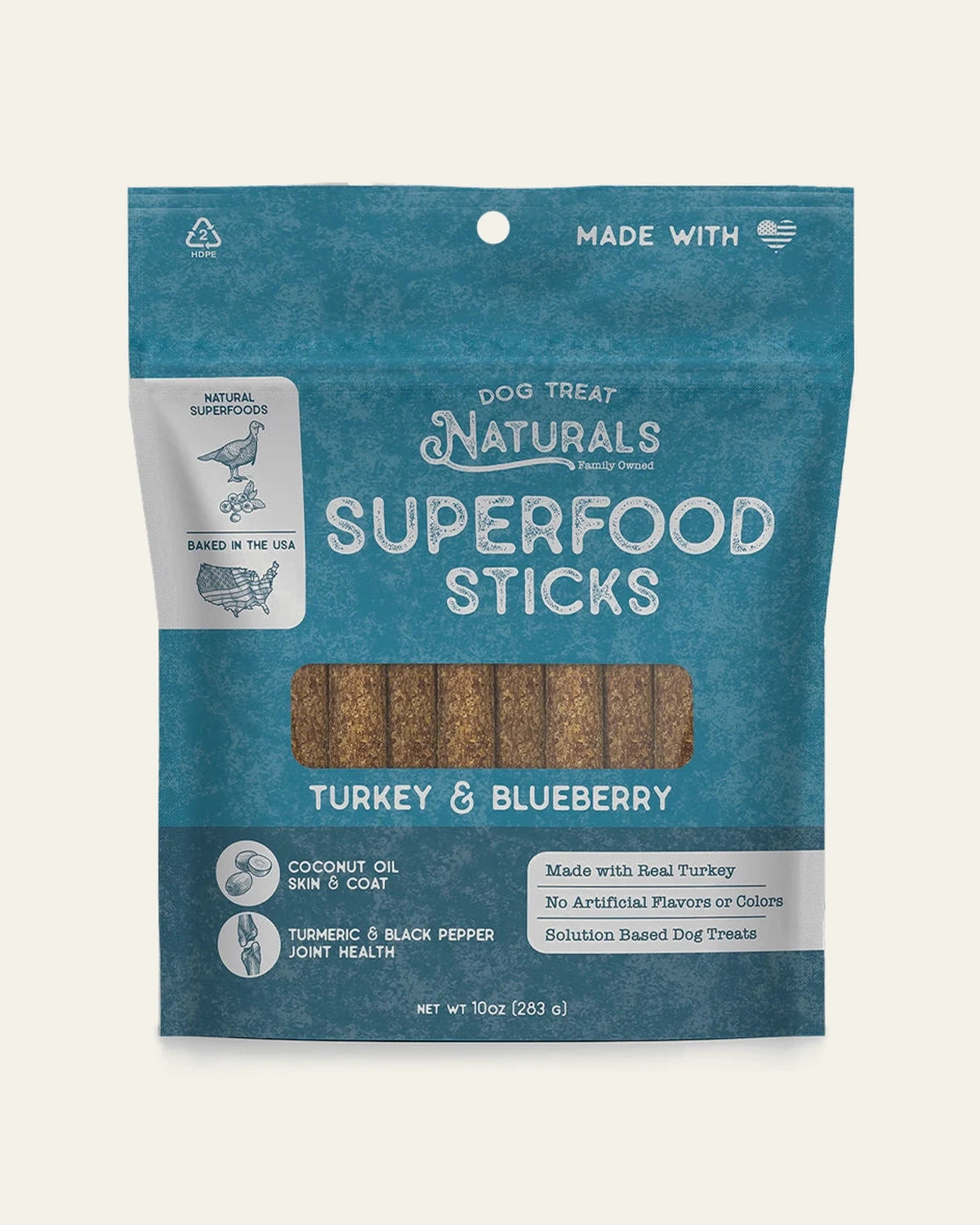 Front of the Turkey & Blueberry Superfood Sticks bag from Dog Treat Naturals