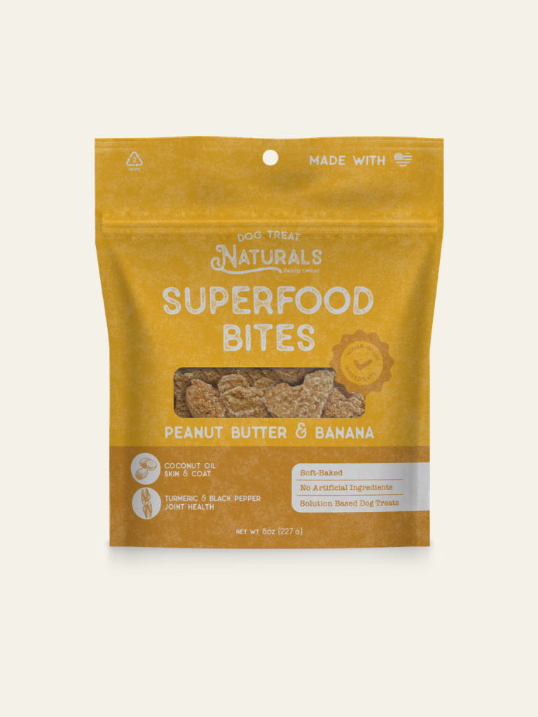 Front of the Peanut Butter & Banana Superfood Bites bag from Dog Treat Naturals
