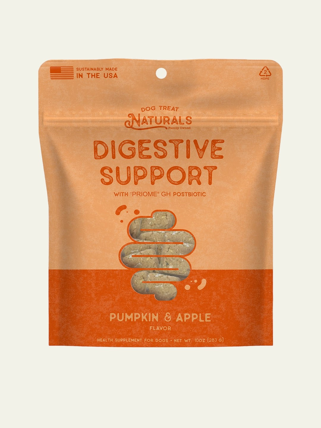 Front of Dog Treat Naturals Digestive Support Postbiotic Dog Treats bag, Pumpkin & Apple flavor