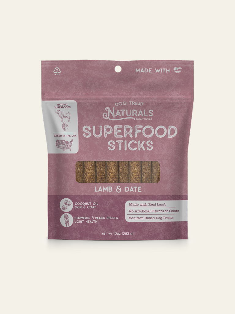 Front of the Lamb & Date Superfood Sticks bag from Dog Treat Naturals