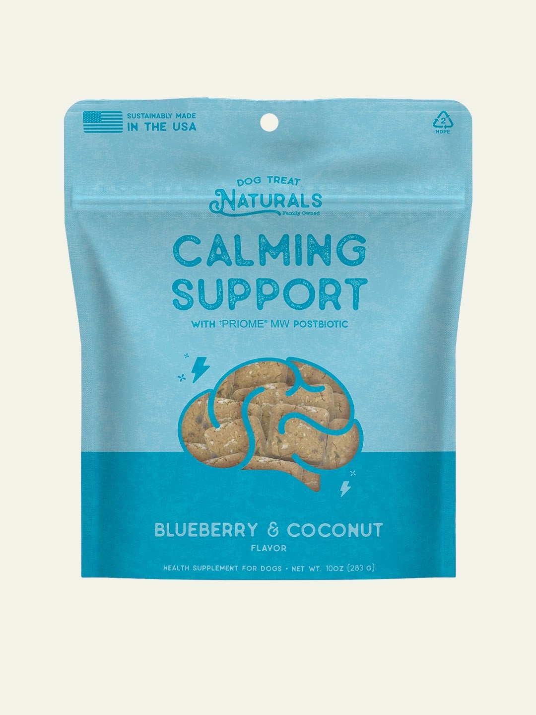 Front of Dog Treat Naturals Calming Support Postbiotic Dog Treats bag, Blueberry & Coconut flavor