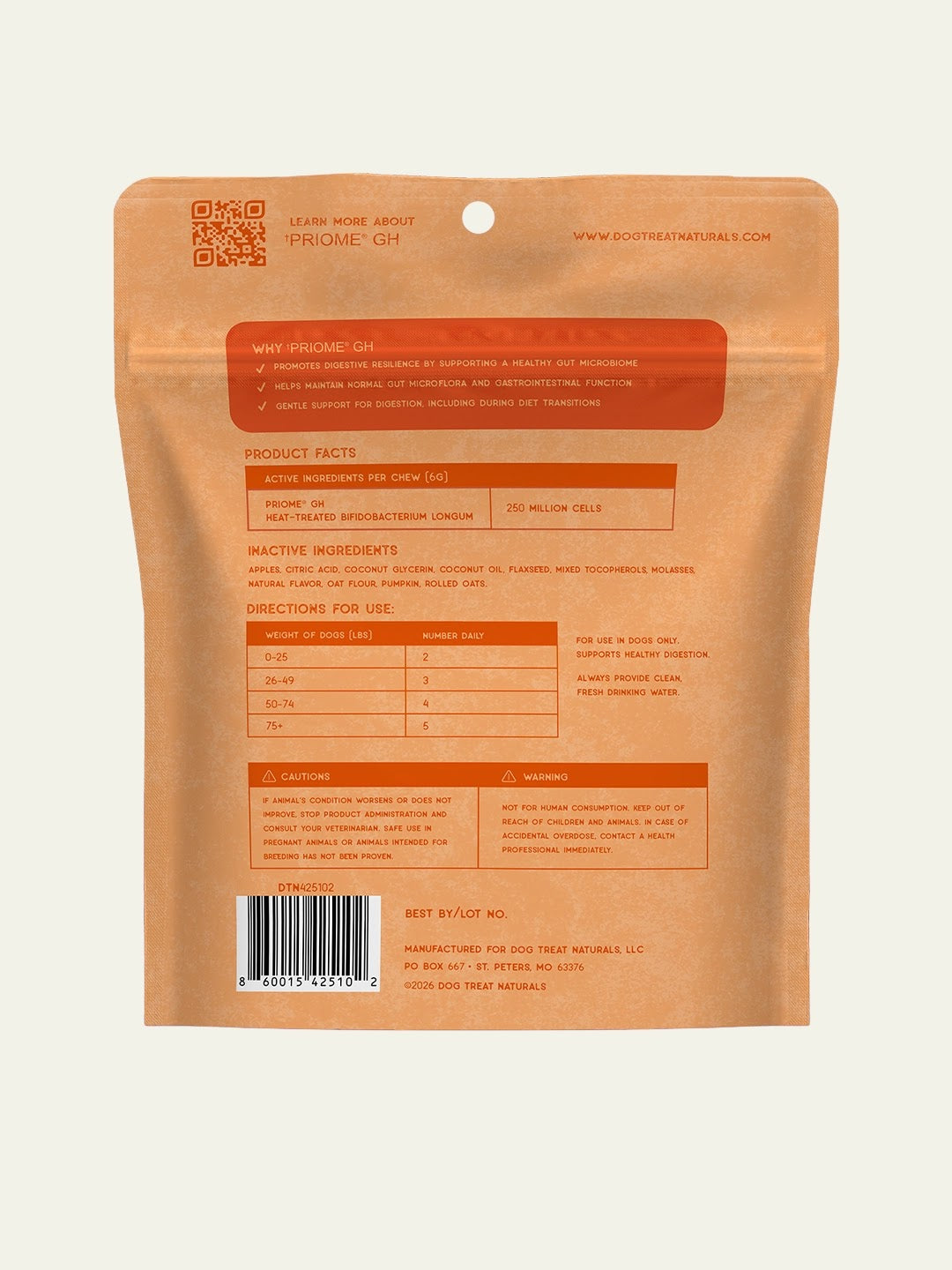 Back of Dog Treat Naturals Digestive Support Postbiotic Dog Treats bag showing ingredients and feeding guidelines