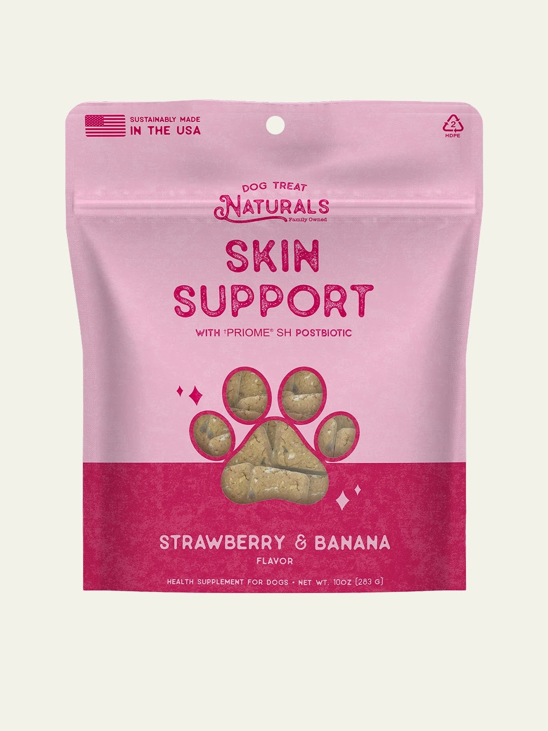 Front of Dog Treat Naturals Skin Support Postbiotic Dog Treats bag, Strawberry & Banana flavor