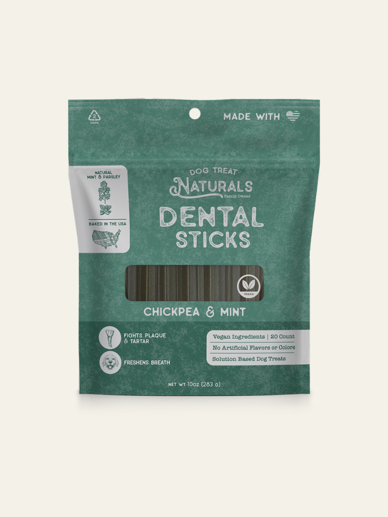 Front of the Chickpea & Mint Dental Sticks bag from Dog Treat Naturals