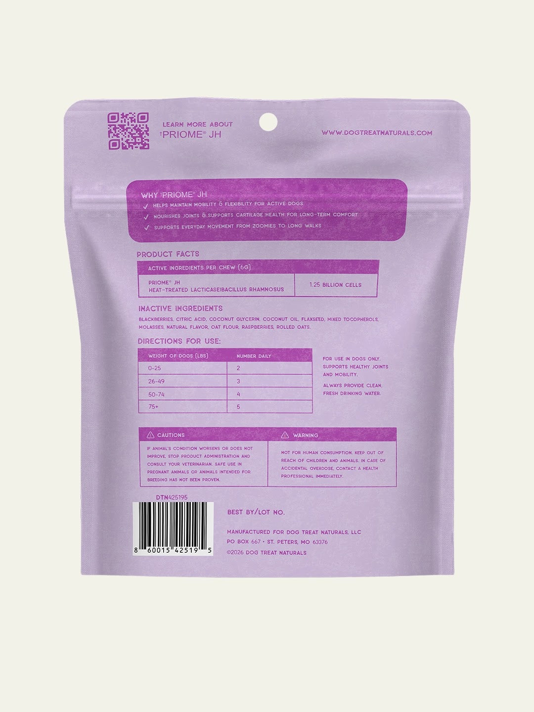 Back of Dog Treat Naturals Mobility Support Postbiotic Dog Treats bag showing ingredients and feeding guidelines