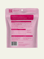 Back of Dog Treat Naturals Skin Support Postbiotic Dog Treats bag showing ingredients and feeding guidelines