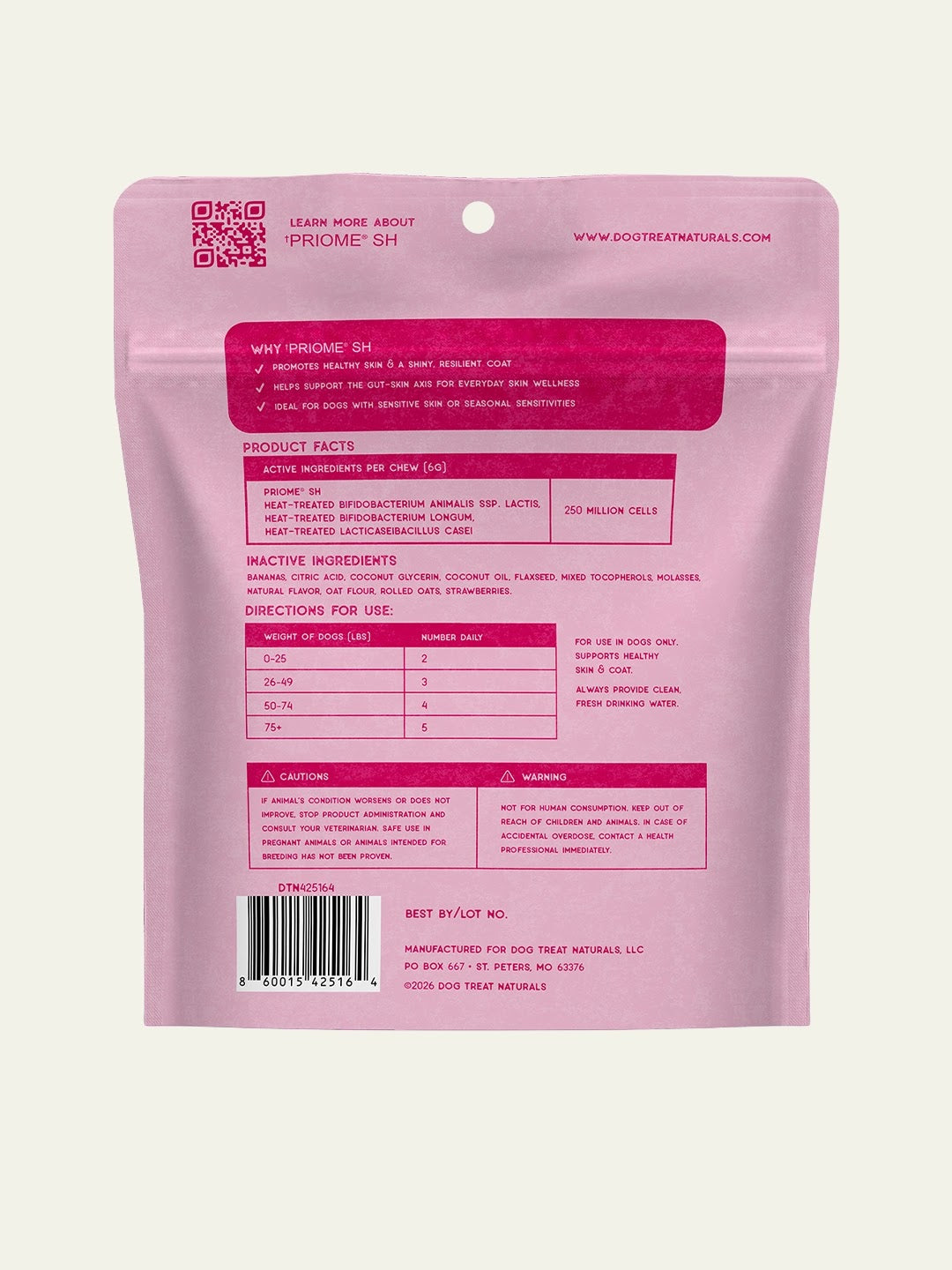 Back of Dog Treat Naturals Skin Support Postbiotic Dog Treats bag showing ingredients and feeding guidelines