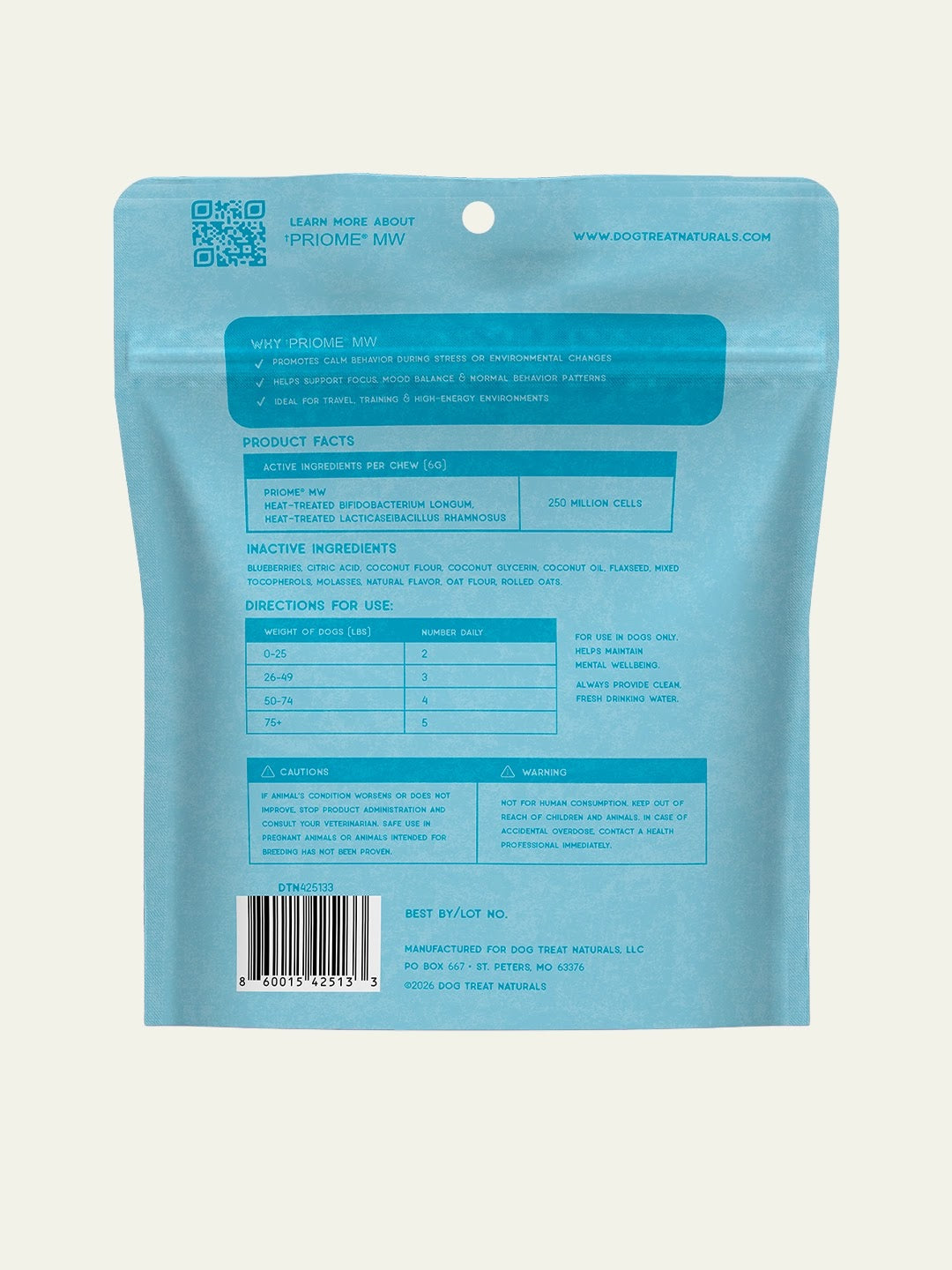 Back of Dog Treat Naturals Calming Support Postbiotic Dog Treats bag showing ingredients and feeding guidelines