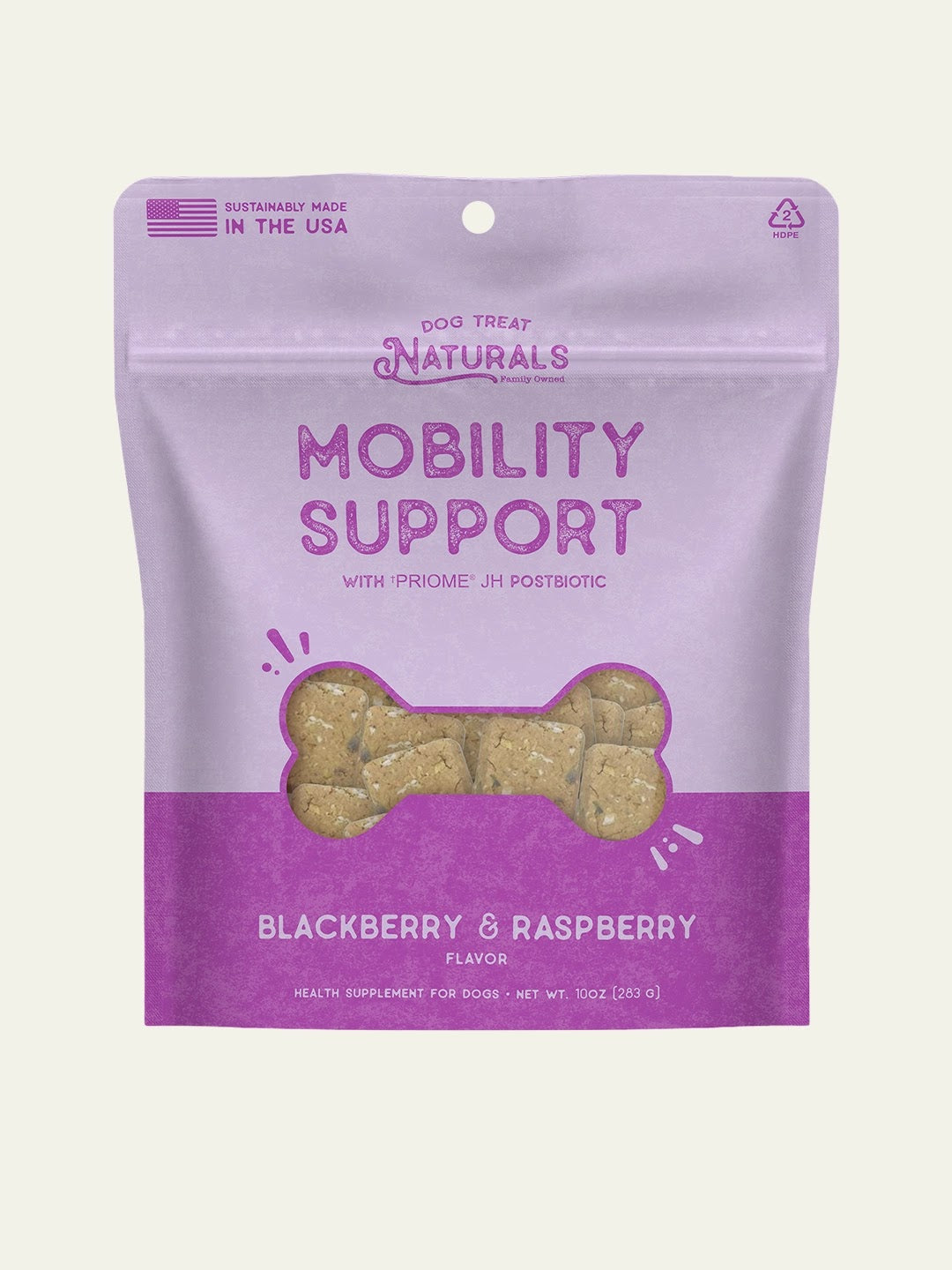 Front of Dog Treat Naturals Mobility Support Postbiotic Dog Treats bag, Blackberry & Raspberry flavor