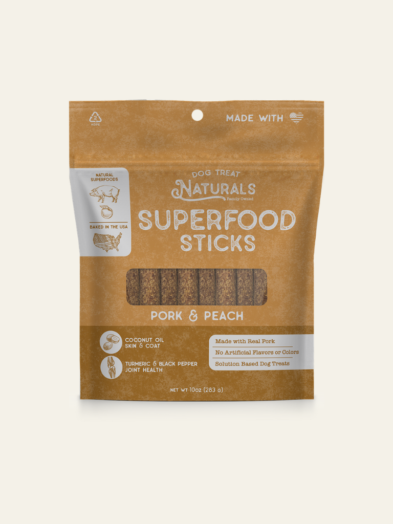 Front of the Pork & Peach Superfood Sticks bag from Dog Treat Naturals