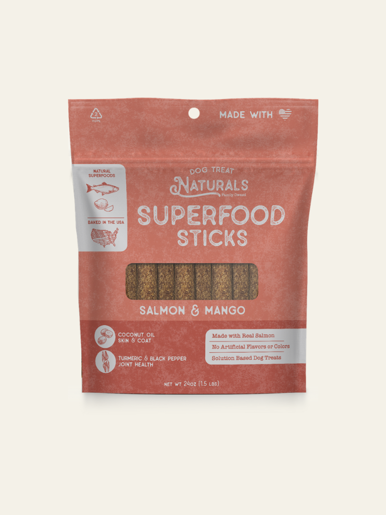 Front of the Salmon & Mango Superfood Sticks bag from Dog Treat Naturals