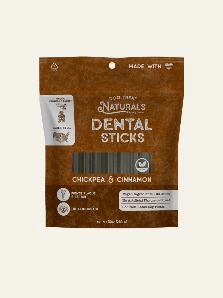 Front of the Chickpea & Cinnamon Dental Sticks bag from Dog Treat Naturals