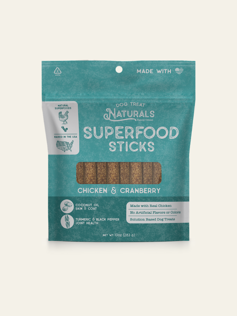 Front of the Chicken & Cranberry Superfood Sticks bag from Dog Treat Naturals