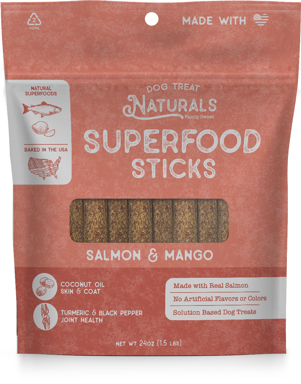 Salmon & Mango Superfood Sticks 24oz bag front
