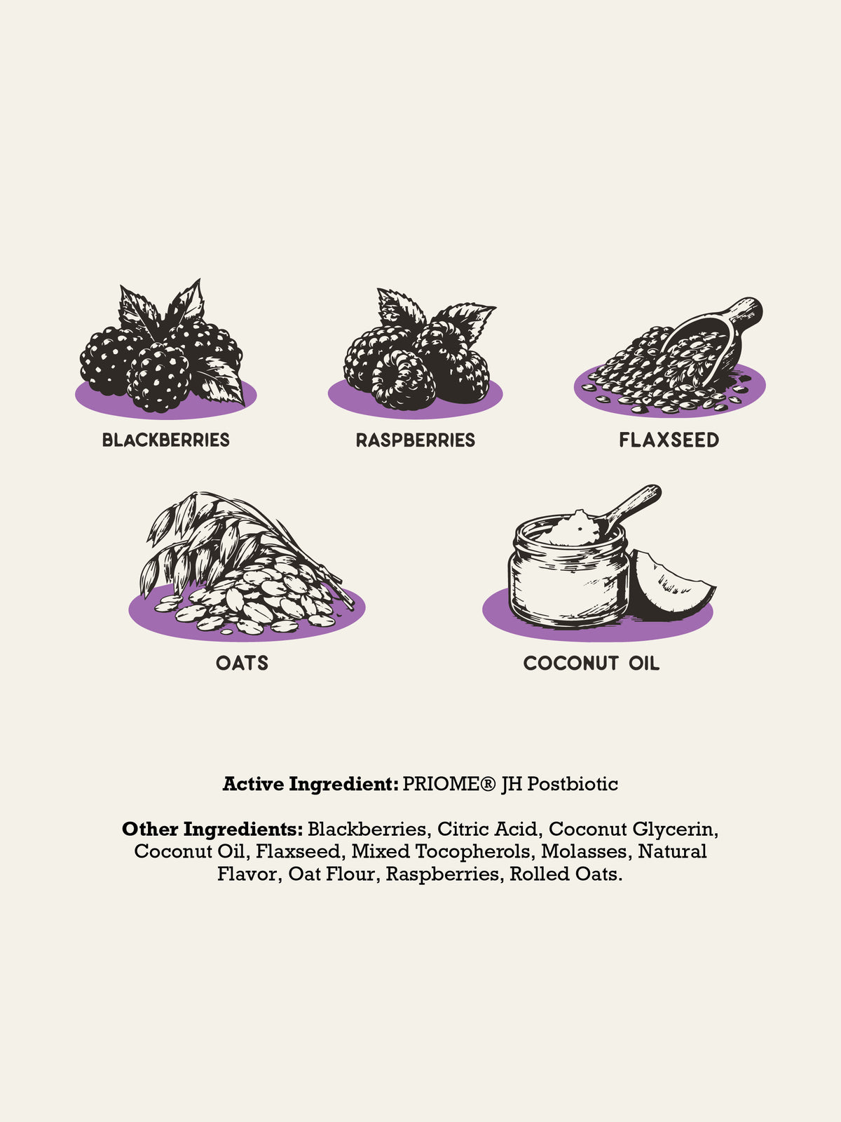 Mobility Support Postbiotic Dog Chews ingredients: blackberries, raspberries, flaxseed, oats and coconut oil, with PRIOME® JH postbiotic