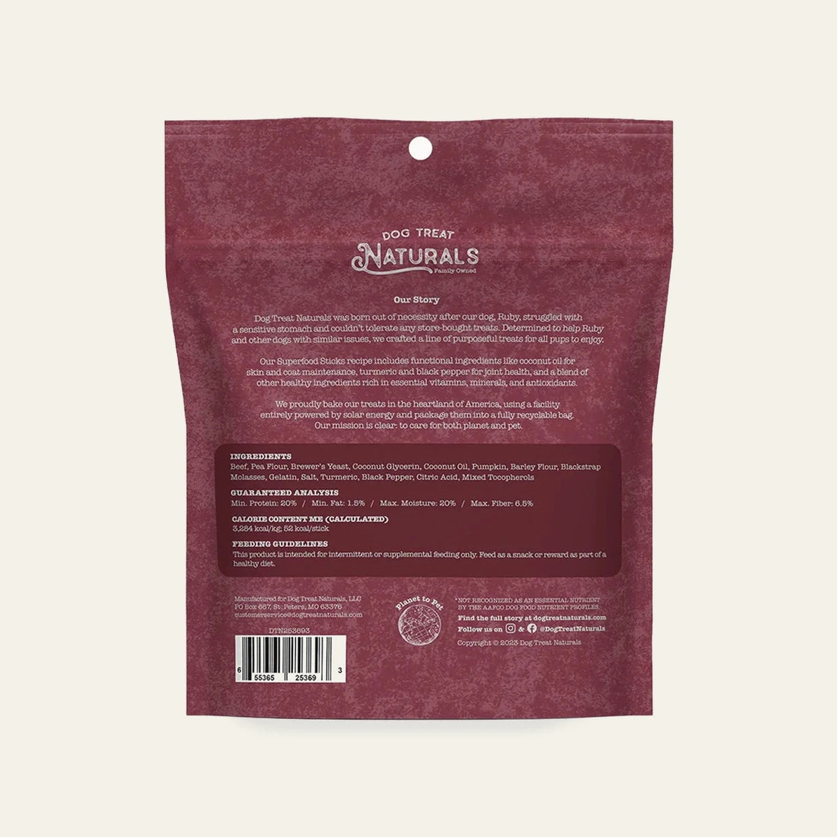 Back of the Beef & Pumpkin Superfood Sticks bag showing feeding guidelines