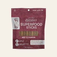 Front of the Beef & Pumpkin Superfood Sticks bag from Dog Treat Naturals