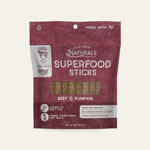 Front of the Beef & Pumpkin Superfood Sticks bag from Dog Treat Naturals