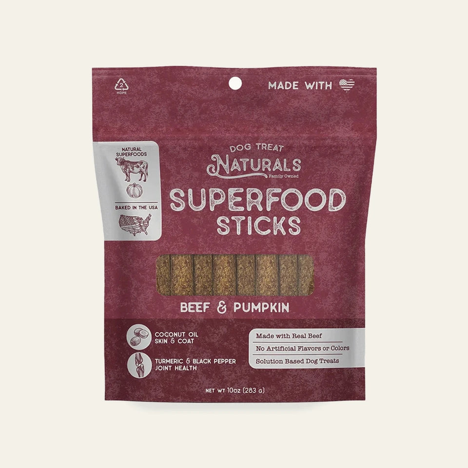 Front of the Beef & Pumpkin Superfood Sticks bag from Dog Treat Naturals