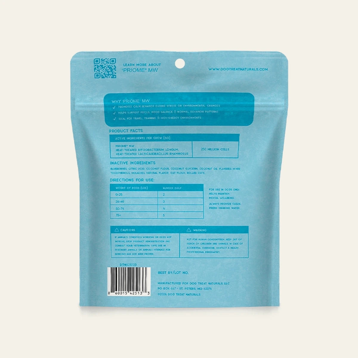 Back of the Calming Support Postbiotic Dog Chews bag showing feeding guidelines