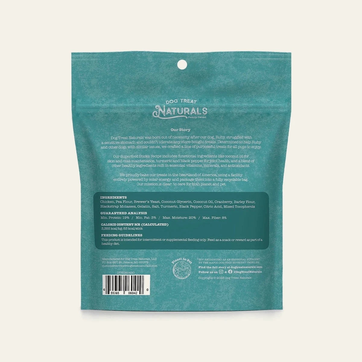 Back of the Chicken & Cranberry Superfood Sticks bag showing feeding guidelines