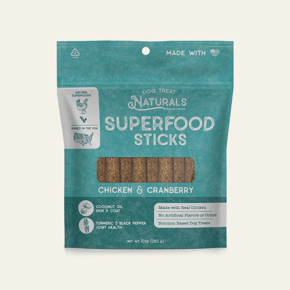 Front of the Chicken & Cranberry Superfood Sticks bag from Dog Treat Naturals