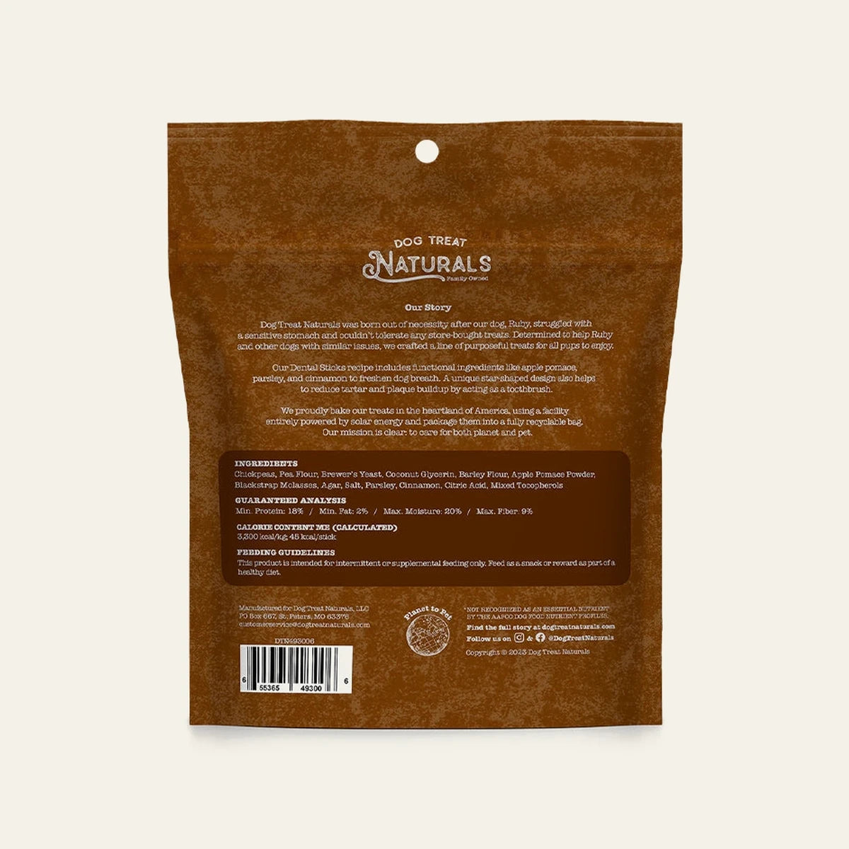 Back of the Chickpea & Cinnamon Dental Sticks bag showing feeding guidelines