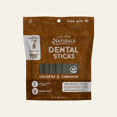 Front of the Chickpea & Cinnamon Dental Sticks bag from Dog Treat Naturals
