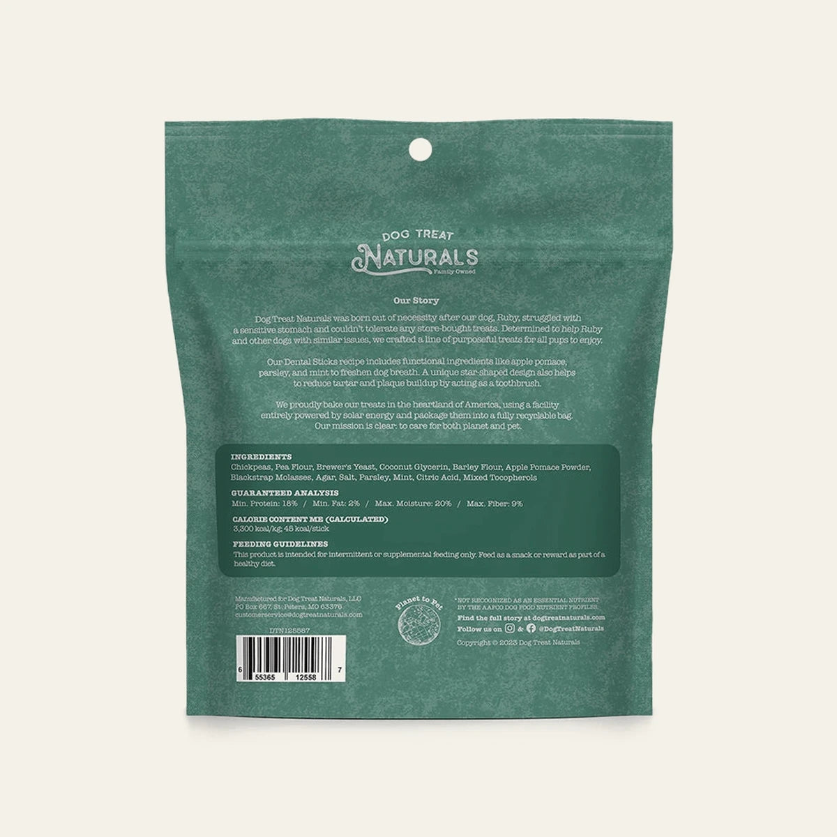 Back of the Chickpea & Mint Dental Sticks bag showing feeding guidelines