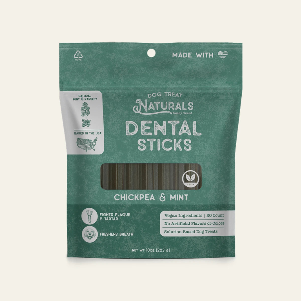 Front of the Chickpea & Mint Dental Sticks bag from Dog Treat Naturals