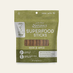 Front of the Duck & Apple Superfood Sticks bag from Dog Treat Naturals