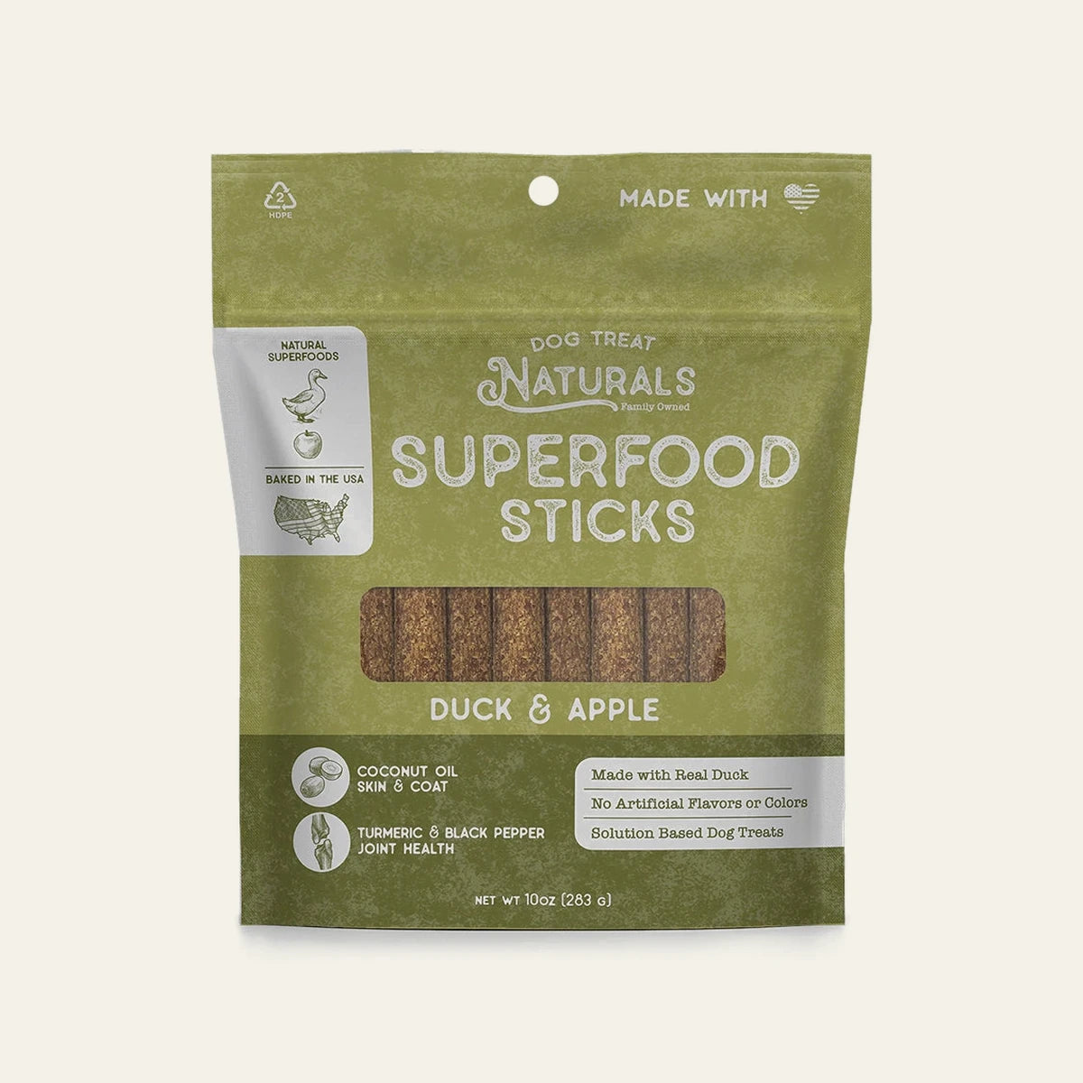 Front of the Duck & Apple Superfood Sticks bag from Dog Treat Naturals