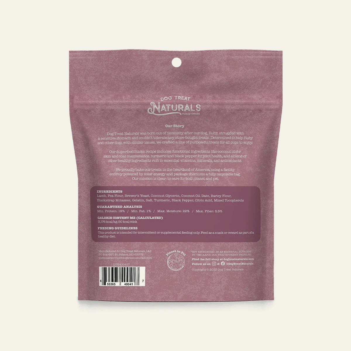 Back of the Lamb & Date Superfood Sticks bag showing feeding guidelines