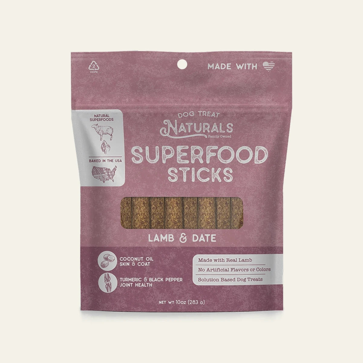 Front of the Lamb & Date Superfood Sticks bag from Dog Treat Naturals