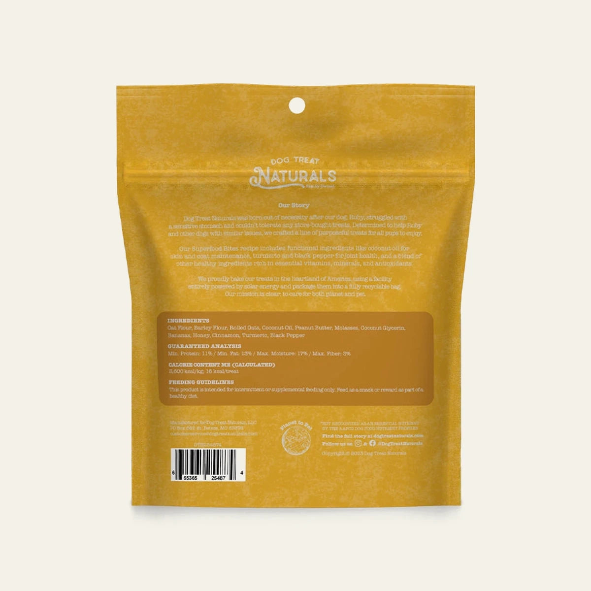 Back of the Peanut Butter & Banana Superfood Bites bag showing feeding guidelines