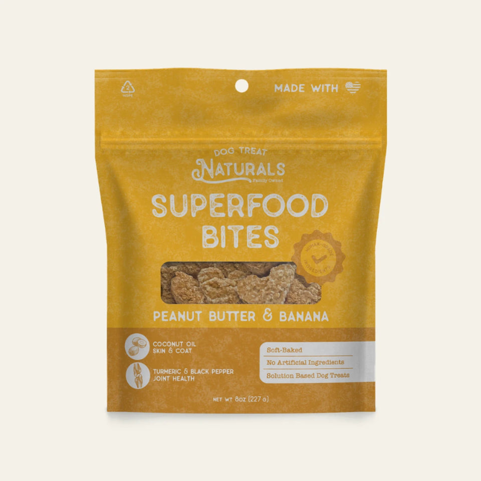 Front of the Peanut Butter & Banana Superfood Bites bag from Dog Treat Naturals