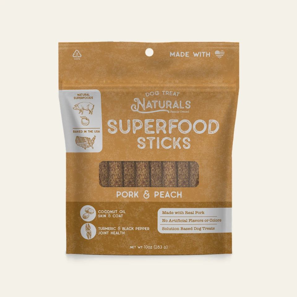 Front of the Pork & Peach Superfood Sticks bag from Dog Treat Naturals