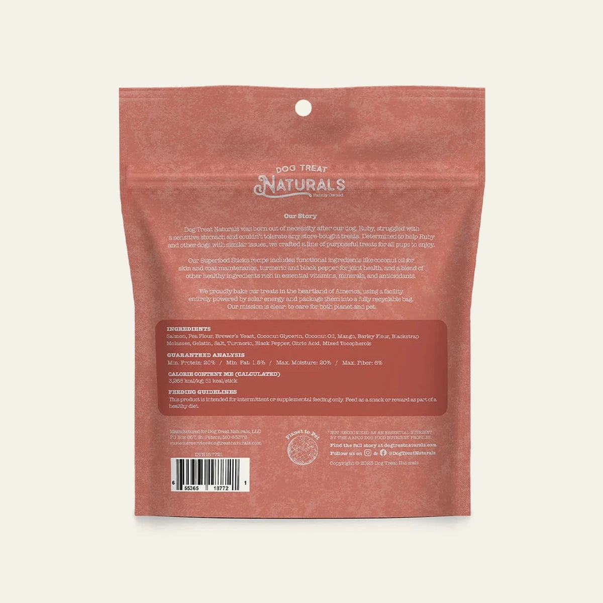 Back of the Salmon & Mango Superfood Sticks bag showing feeding guidelines