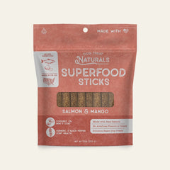 Front of the Salmon & Mango Superfood Sticks bag from Dog Treat Naturals