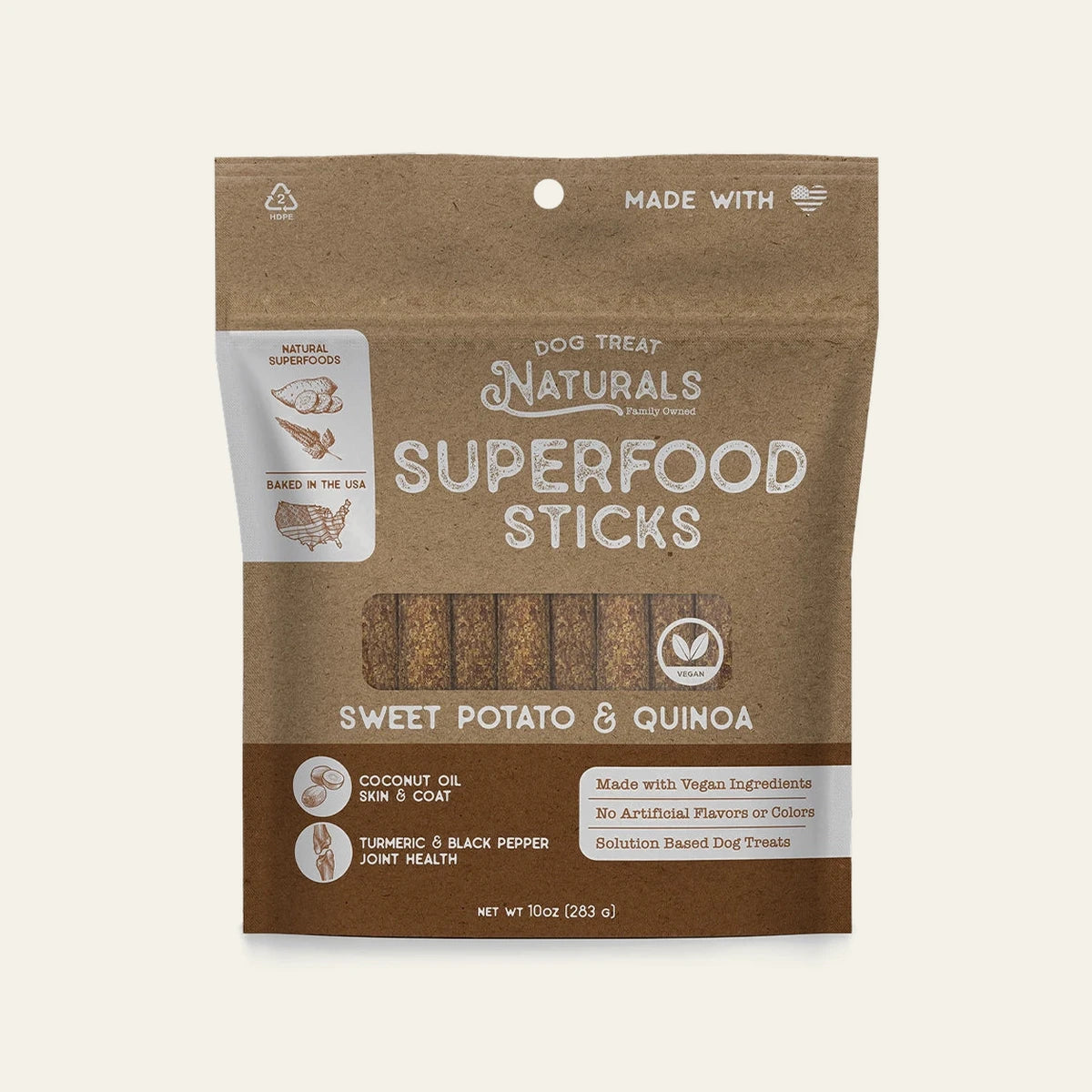 Front of the Sweet Potato & Quinoa Superfood Sticks bag from Dog Treat Naturals