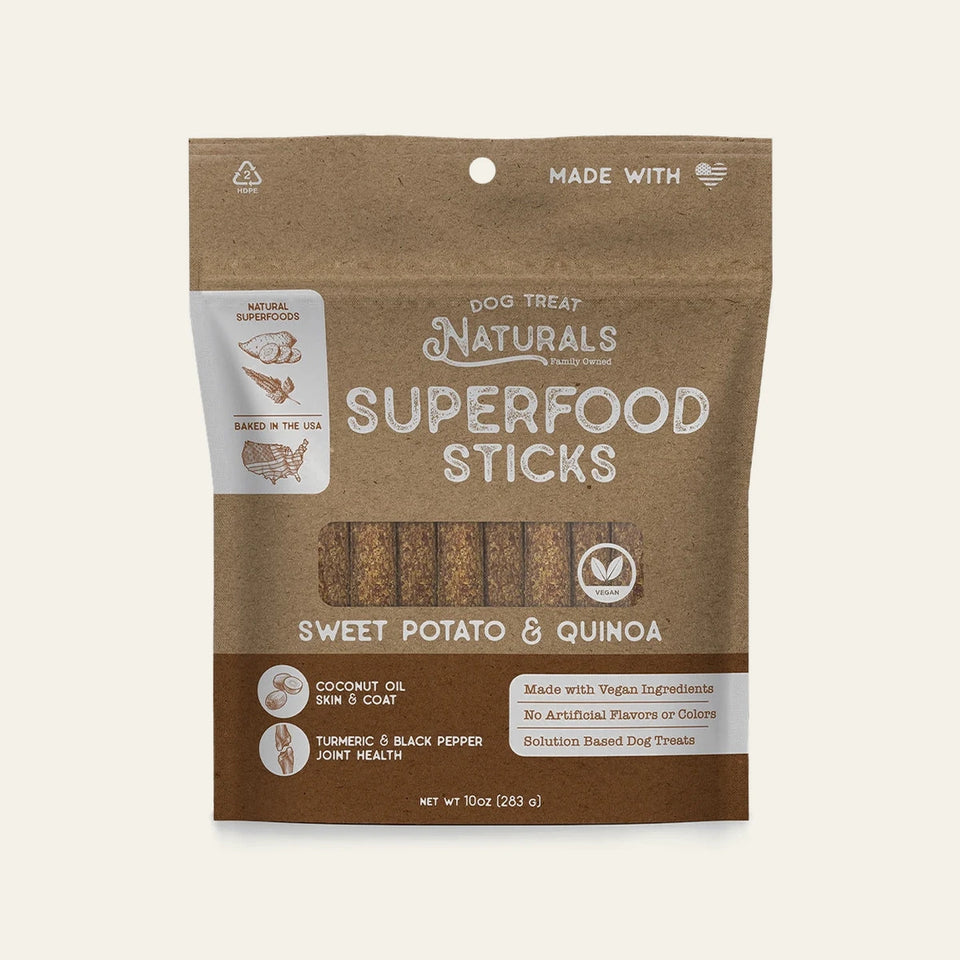 Front of the Sweet Potato & Quinoa Superfood Sticks bag from Dog Treat Naturals