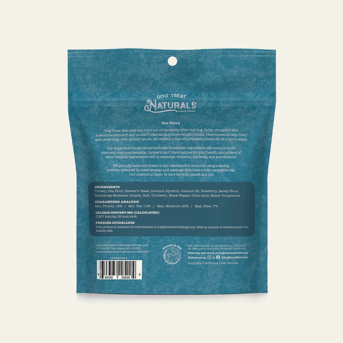 Back of the Turkey & Blueberry Superfood Sticks bag showing feeding guidelines