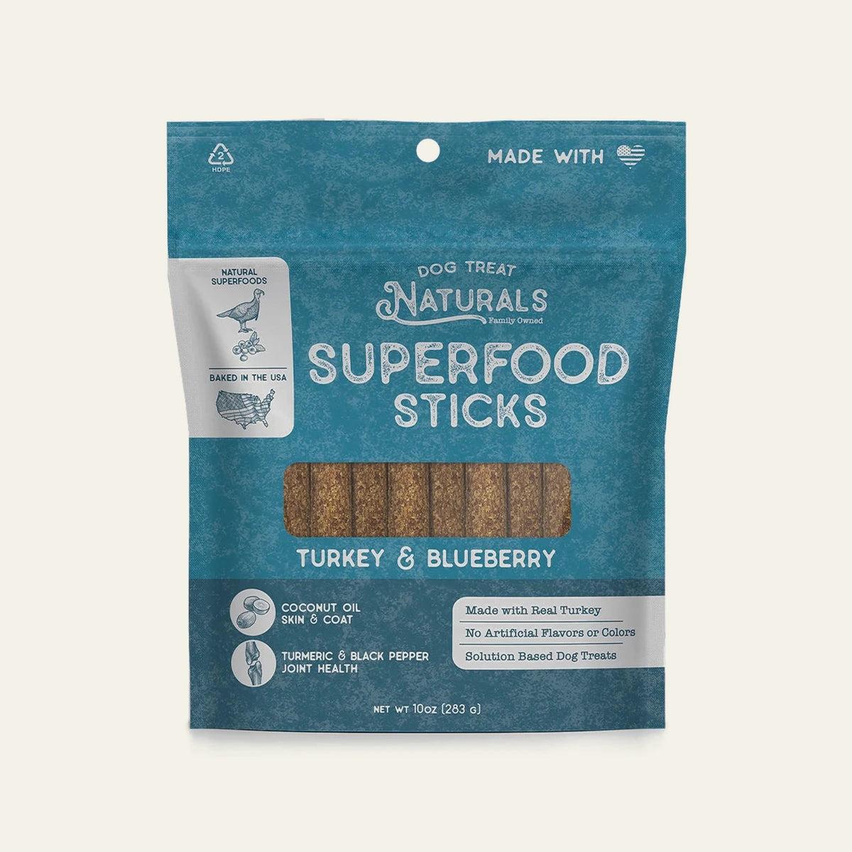 Front of the Turkey & Blueberry Superfood Sticks bag from Dog Treat Naturals