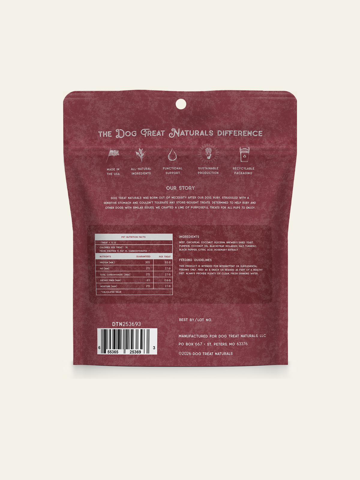 Back of the Beef & Pumpkin Superfood Sticks bag showing feeding guidelines