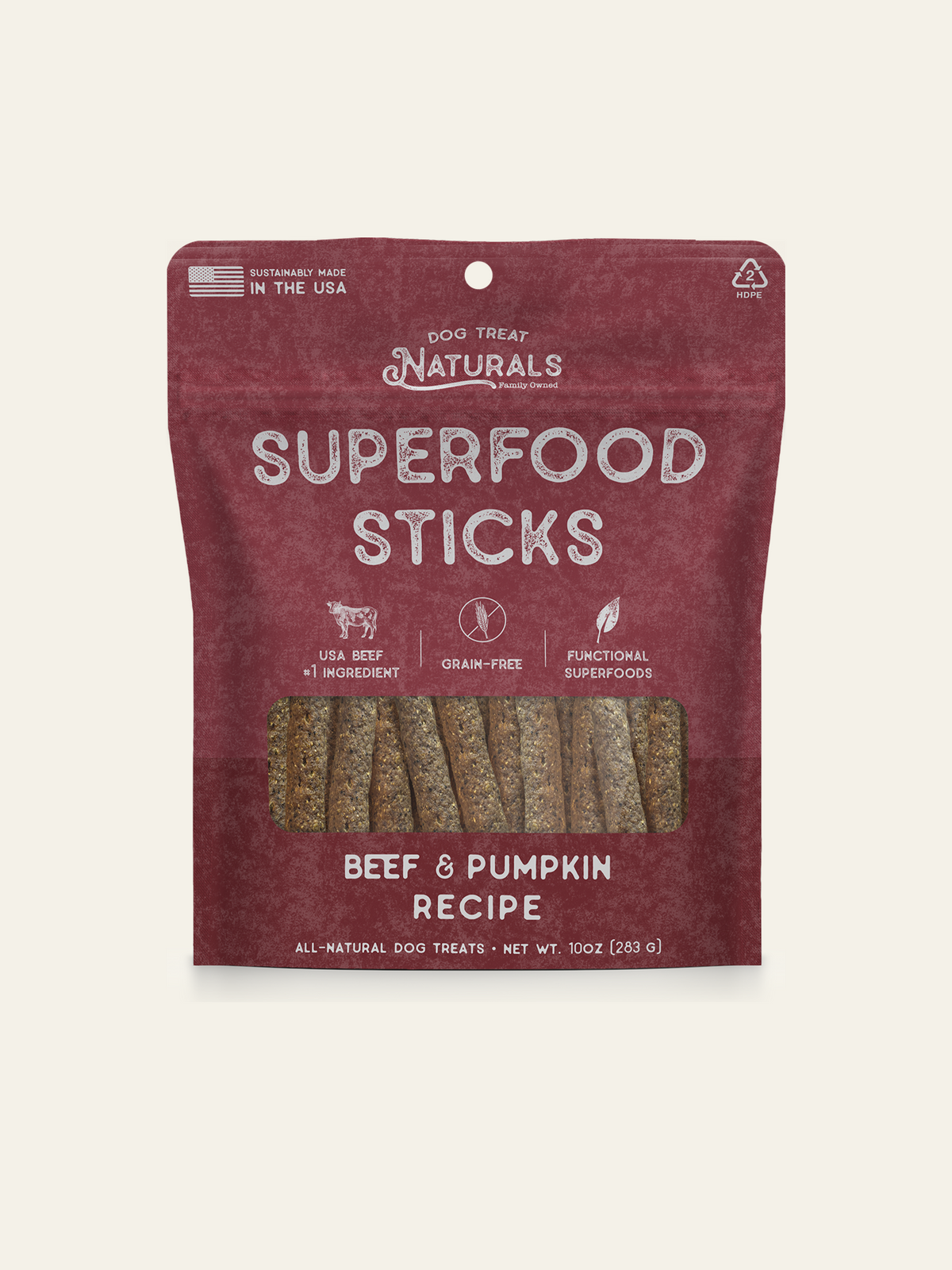 Front of the Beef & Pumpkin Superfood Sticks bag from Dog Treat Naturals