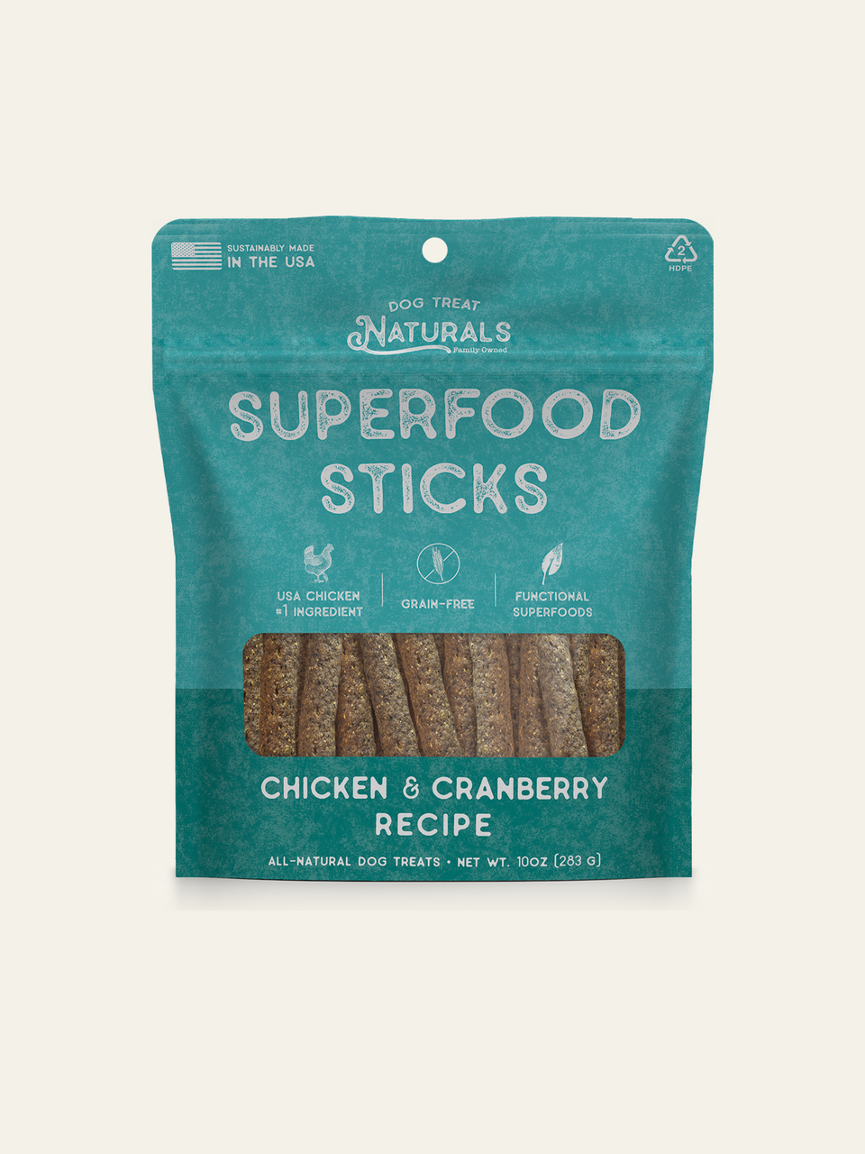 Front of the Chicken & Cranberry Superfood Sticks bag from Dog Treat Naturals